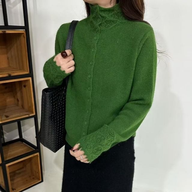 Stand Collar Crochet Knit Panel Button-Up Plain Cardigan