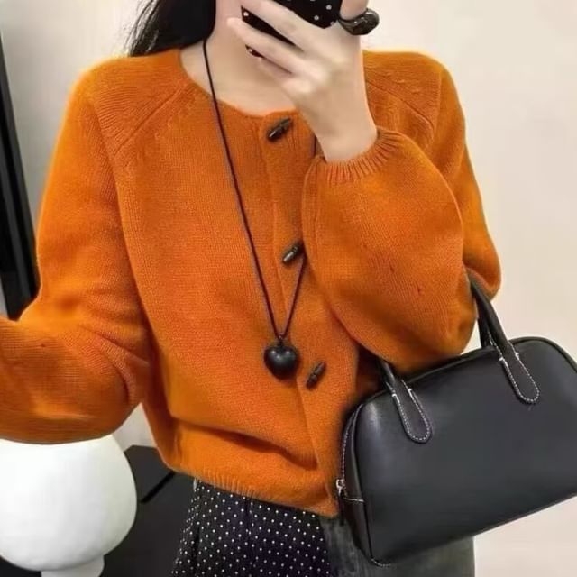 Crew Neck Plain Toggle Cardigan