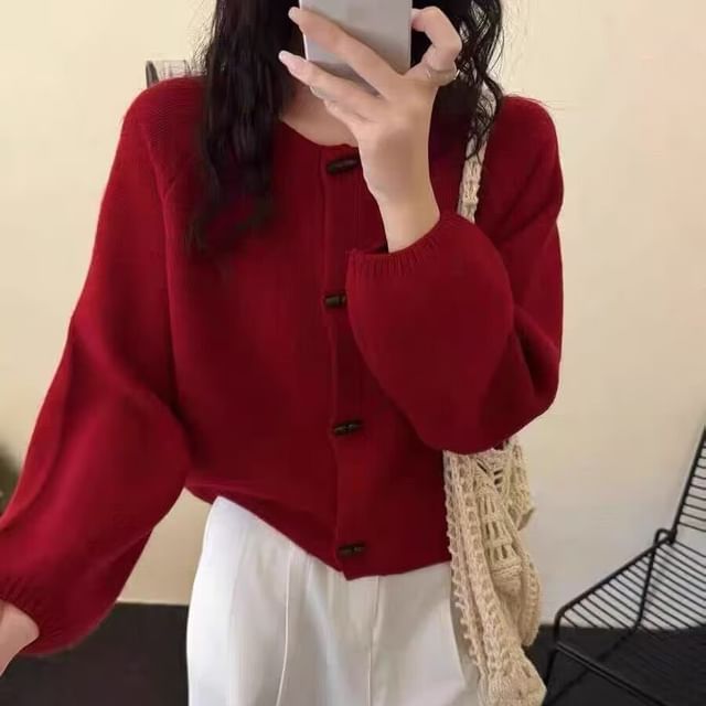 Crew Neck Plain Toggle Cardigan