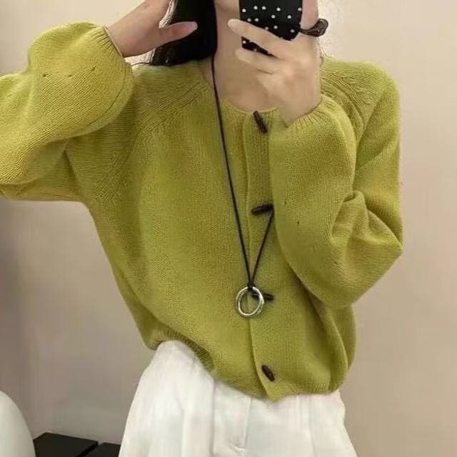 Crew Neck Plain Toggle Cardigan