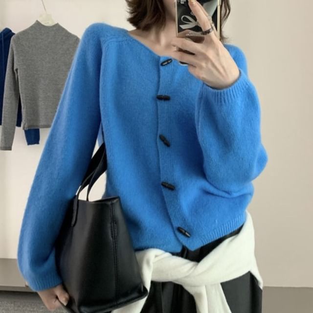 Crew Neck Plain Toggle Cardigan