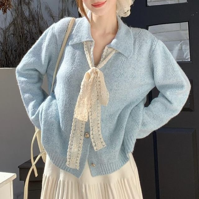 Collared Lace Panel Perforated Button-Up Cardigan