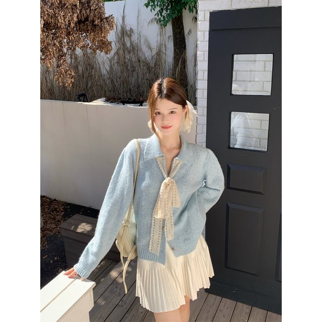Collared Lace Panel Perforated Button-Up Cardigan