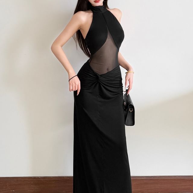 Halter Neck Plain Mesh Panel Ruched Open Back Maxi Sheath Dress