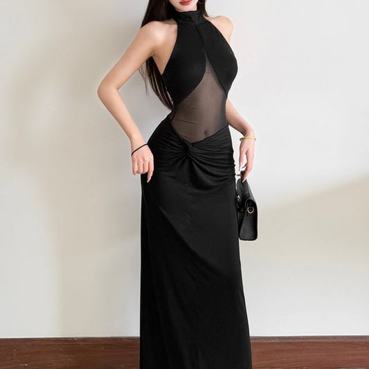 Halter Neck Plain Mesh Panel Ruched Open Back Maxi Sheath Dress