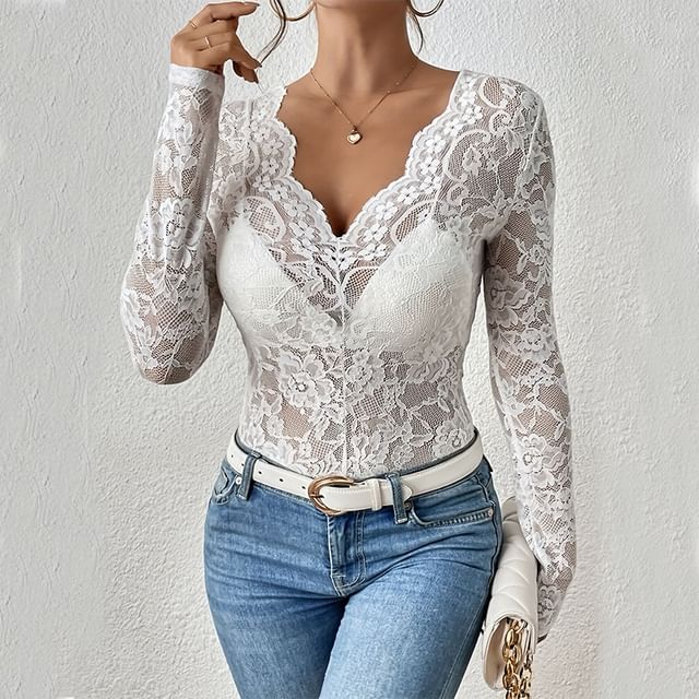 V-Neck Sheer Lace Slim Fit Top with Long Sleeves