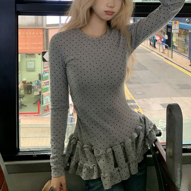 Dotted Ruffled Round-Neck Long-Sleeve Top