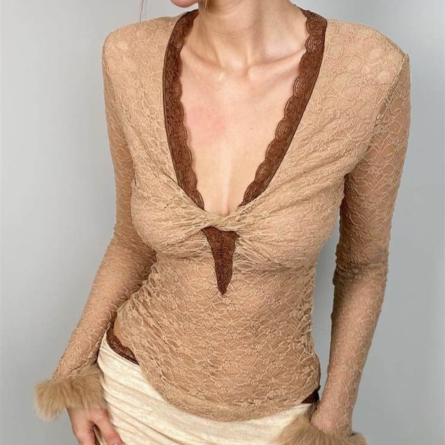 Fluffy Cuff Lace-Trimmed V-Neck Long-Sleeve Tee