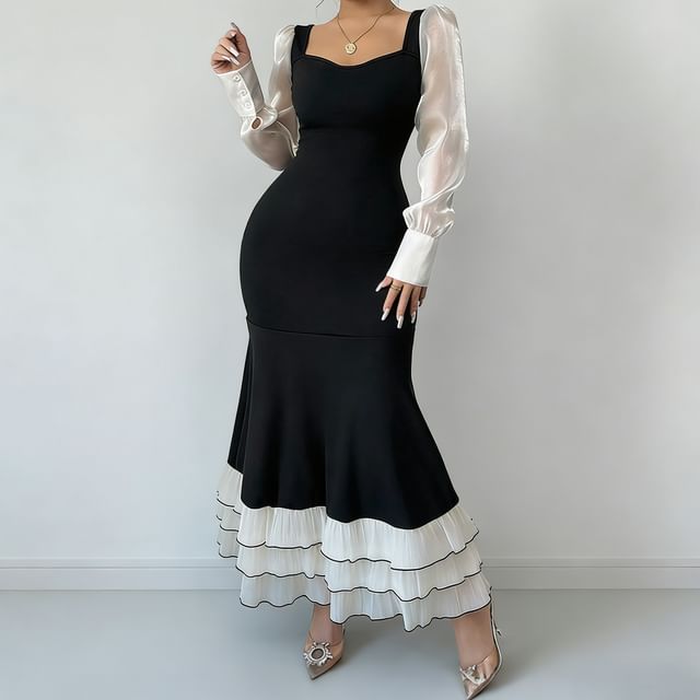 Long-Sleeve Square Neck Two Tone Tiered Ruffle Maxi Mermaid Dress