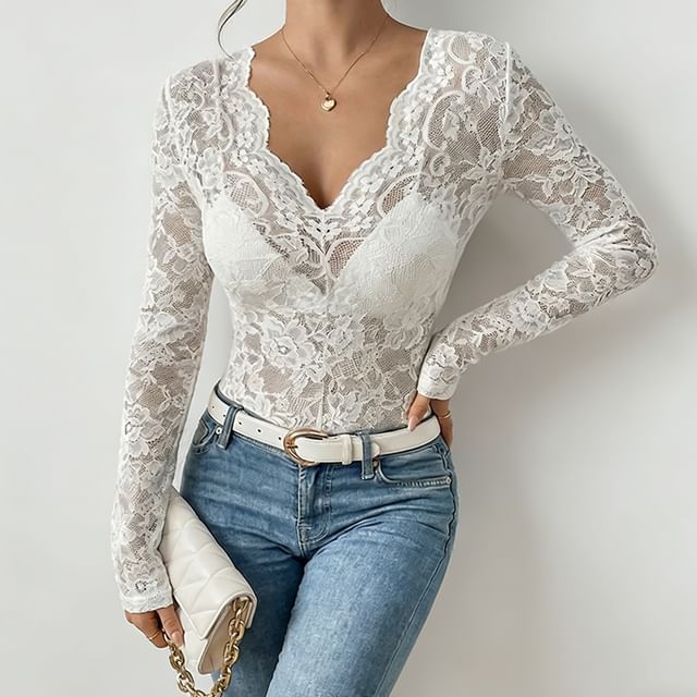 V-Neck Sheer Lace Slim Fit Top with Long Sleeves