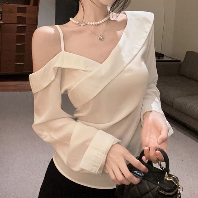 Asymmetric Tie-Waist Cold-Shoulder Blouse, Long Sleeves