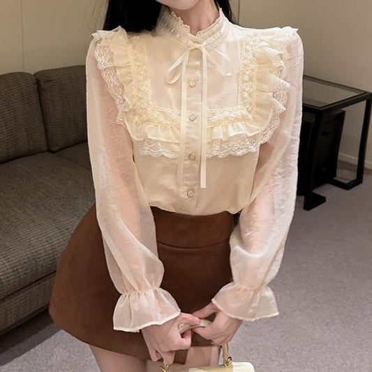 Stand Collar Lace Panel Ruffle Trim Button-Up Blouse