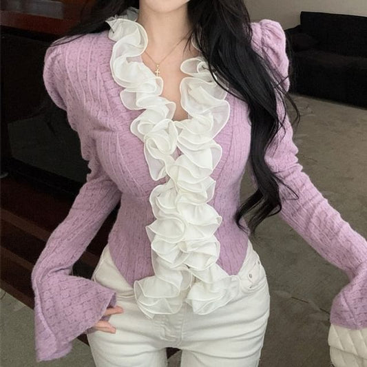 V-Neck Ruffle Trim Lace Fitted Crop Top