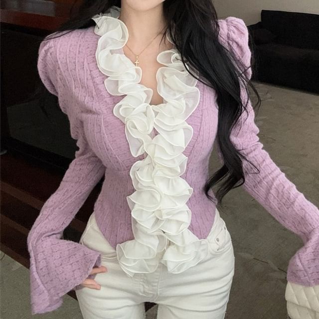 Ruffle-Trim Long-Sleeve Lace Crop Top, V-Neck