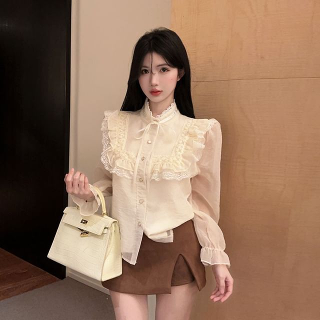 Stand-Collar Long-Sleeve Blouse with Lace Ruffle