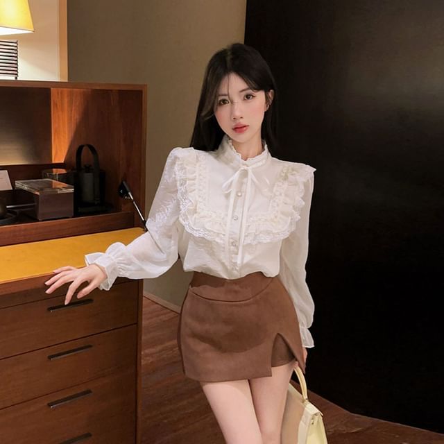 Stand Collar Lace Panel Ruffle Trim Button-Up Blouse