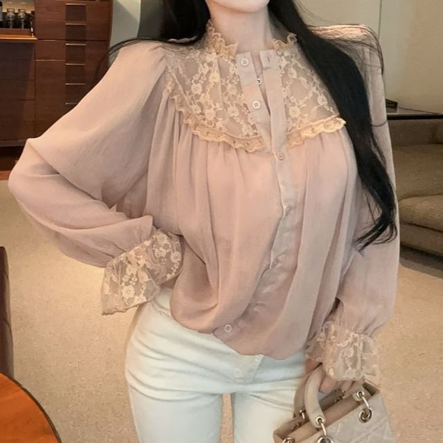 Stand-Collar Long-Sleeve Lace Blouse, Button-Up