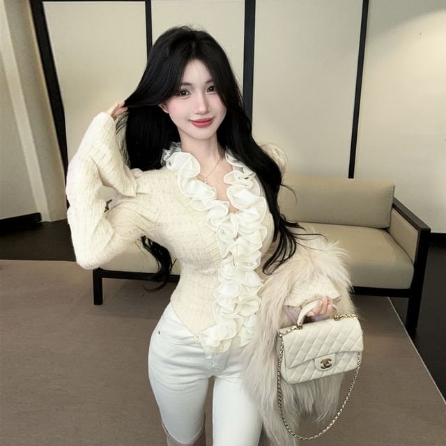 V-Neck Ruffle Trim Lace Fitted Crop Top
