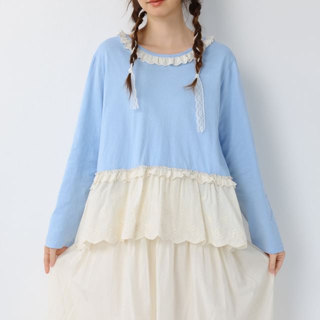 Drop Shoulder Round Neck Lace Panel T-Shirt