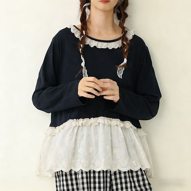 Drop Shoulder Round Neck Lace Panel T-Shirt