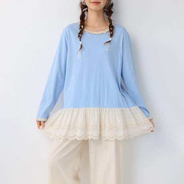 Round Neck Long Sleeve Lace Trim Tunic