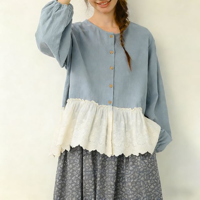Round Neck Long Sleeve Lace Trim Button Blouse