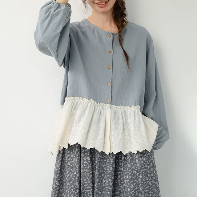 Round Neck Long Sleeve Lace Trim Button Blouse