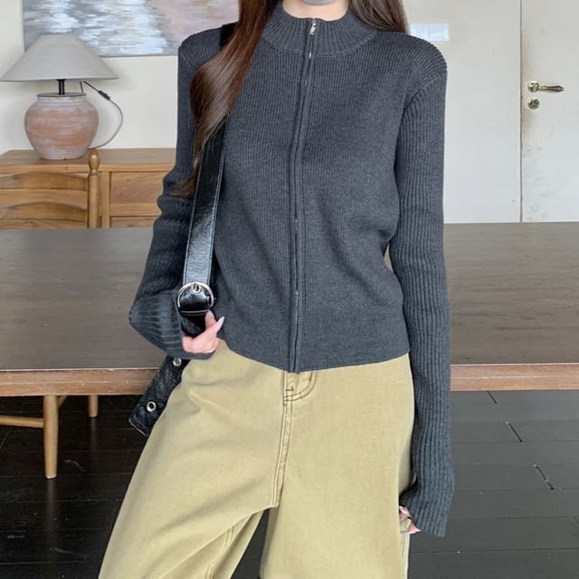 Mock Neck Plain Ribbed Zip Cardigan