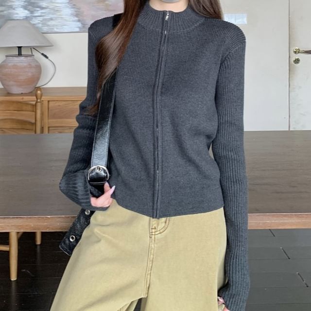 Mock Neck Plain Ribbed Zip Cardigan
