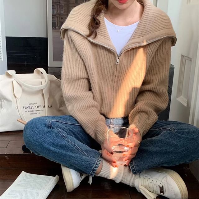 Plain Collared Ribbed Zip Cardigan