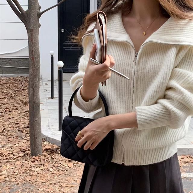 Plain Collared Ribbed Zip Cardigan