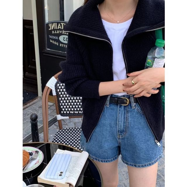 Plain Collared Ribbed Zip Cardigan