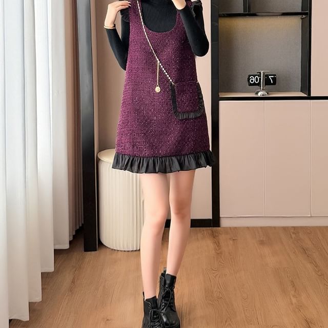 Mock Neck Knit Top & Scoop Neck Frill Tweed Overall Dress