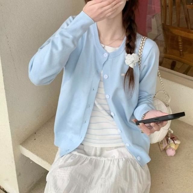 Round Neck Plain Button Up Cardigan