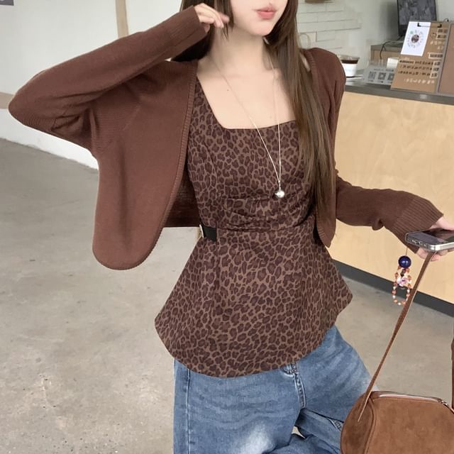 Sleeveless Square Neck Leopard Print Top / V-Neck Plain Crop Cardigan