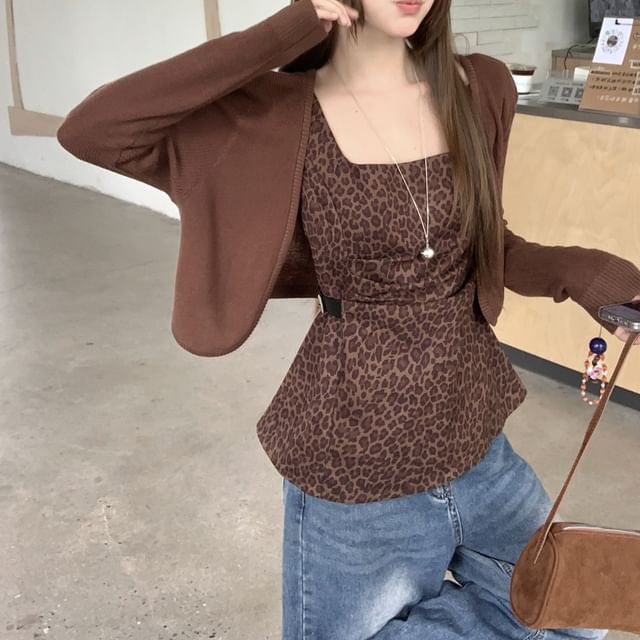 Sleeveless Square Neck Leopard Print Top / V-Neck Plain Crop Cardigan