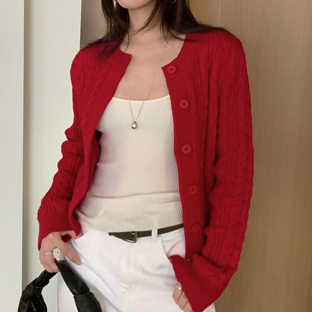 Crew Neck Button-Up Plain Cable Knit Crop Cardigan