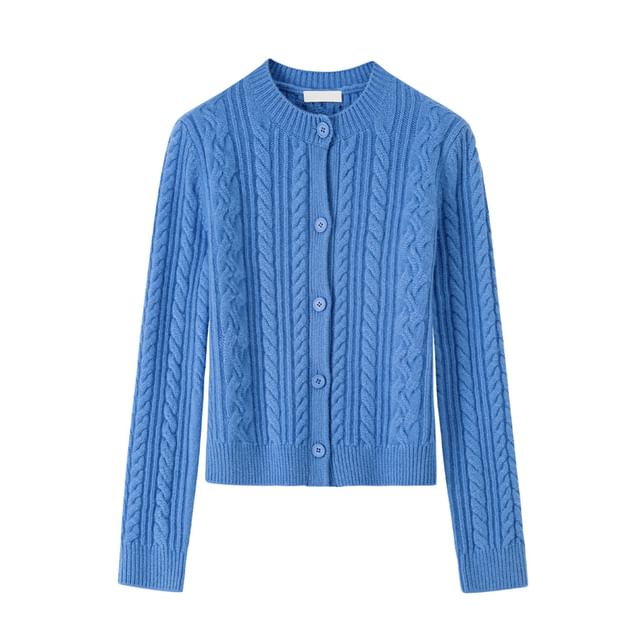 Crew Neck Button-Up Plain Cable Knit Crop Cardigan