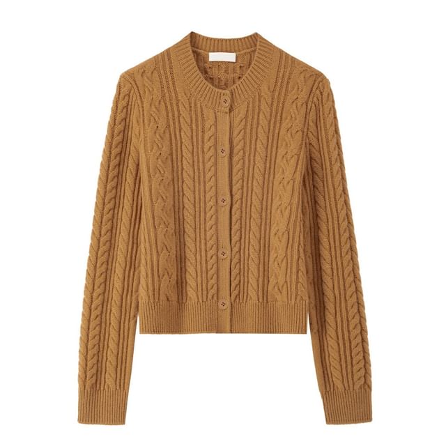 Crew Neck Button-Up Plain Cable Knit Crop Cardigan