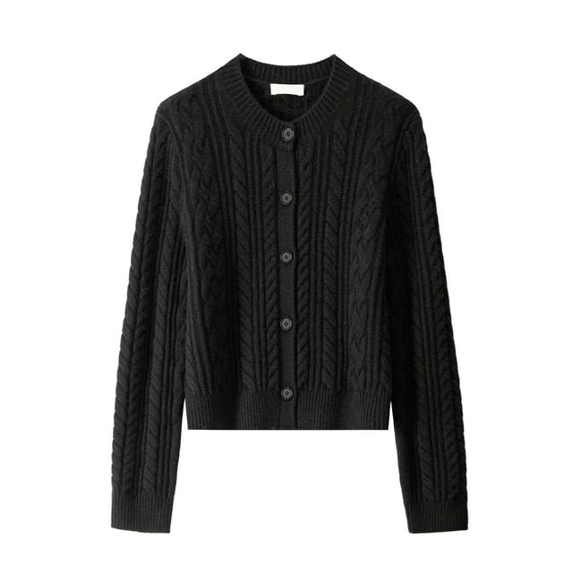 Crew Neck Button-Up Plain Cable Knit Crop Cardigan