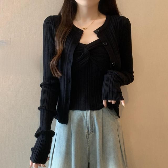 Set: V-Neck Plain Knit Crop Camisole Top + Cardigan