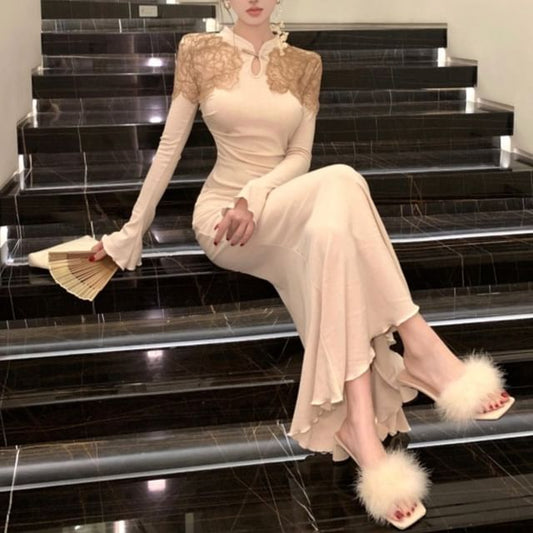 Long-Sleeve Stand Collar Lace Panel Ruched Maxi Mermaid Knit Dress