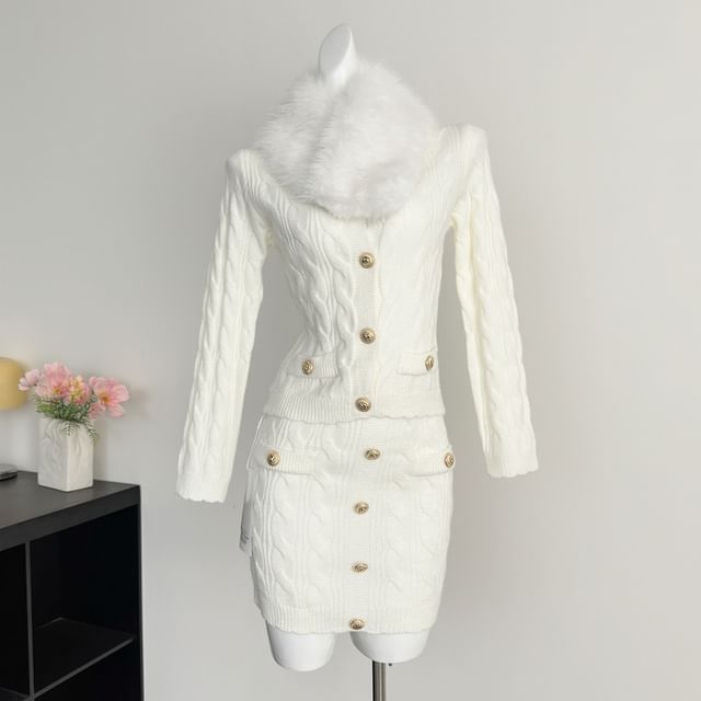 Set: Fluffy Collar V-Neck Button-Up Cardigan + High Waist Mini Knit Skirt