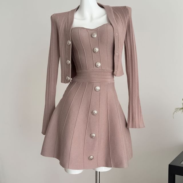 Set: Strapless Button Detail Mini A-Line Knit Dress + Button-Up Cardigan