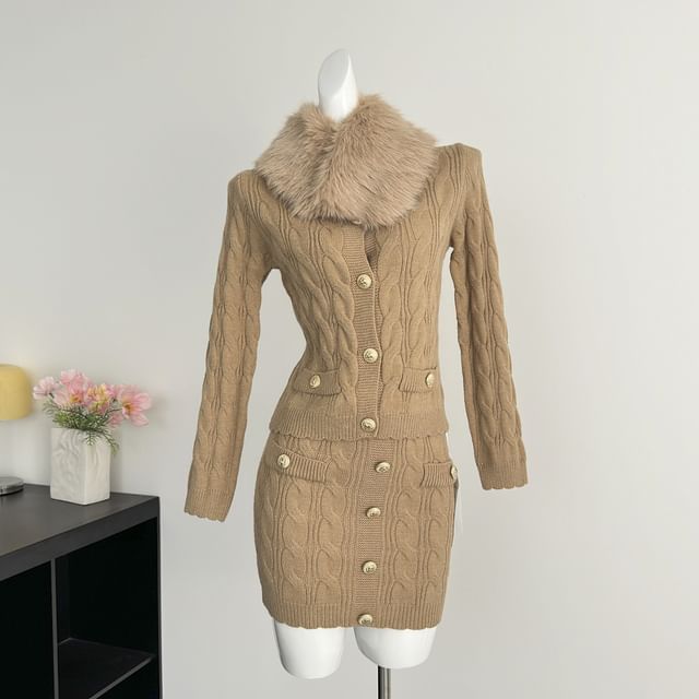 Set: Fluffy Collar V-Neck Button-Up Cardigan + High Waist Mini Knit Skirt