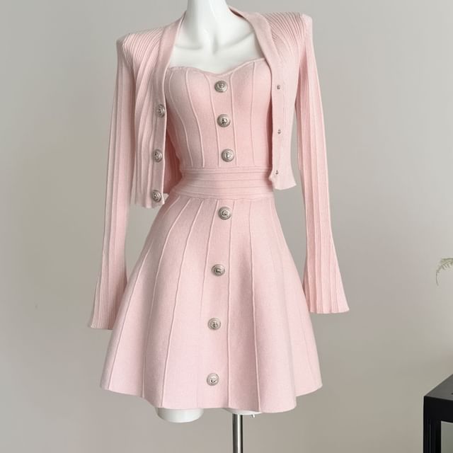 Set: Strapless Button Detail Mini A-Line Knit Dress + Button-Up Cardigan