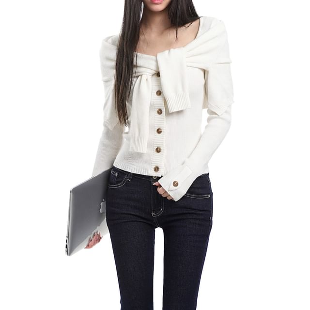 Mock Two-Piece Scoop Neck Button-Up Plain Crop Cardigan