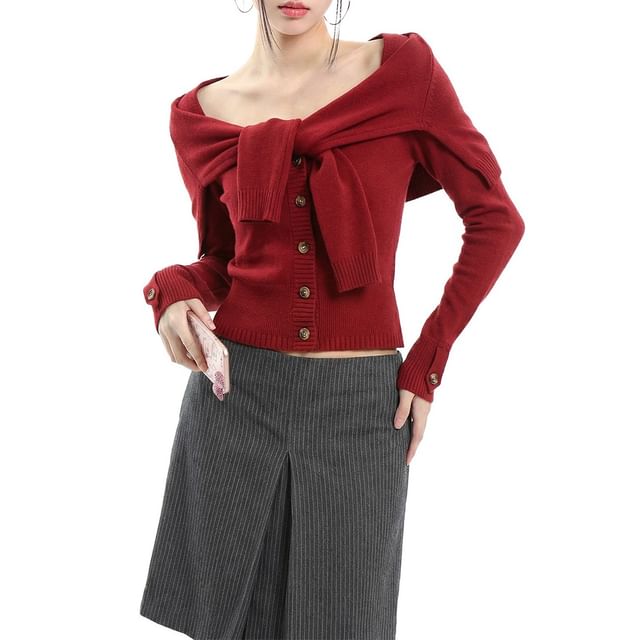 Mock Two-Piece Scoop Neck Button-Up Plain Crop Cardigan