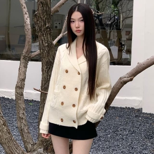 Shawl Collar Cable Knit Double Breasted Cardigan