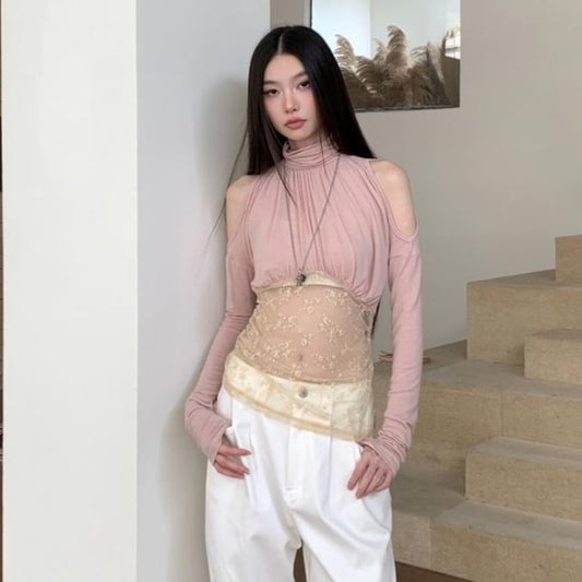 Cold Shoulder Mock Neck Lace Panel T-Shirt